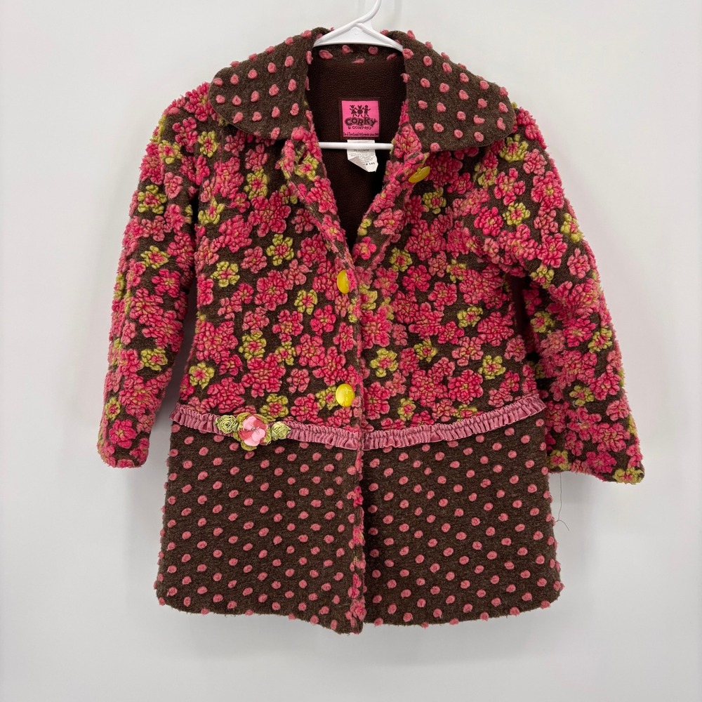 Corky & Company Coat Kids 7 Brown Pink Floral Polka Dot Excellent Wool Blend